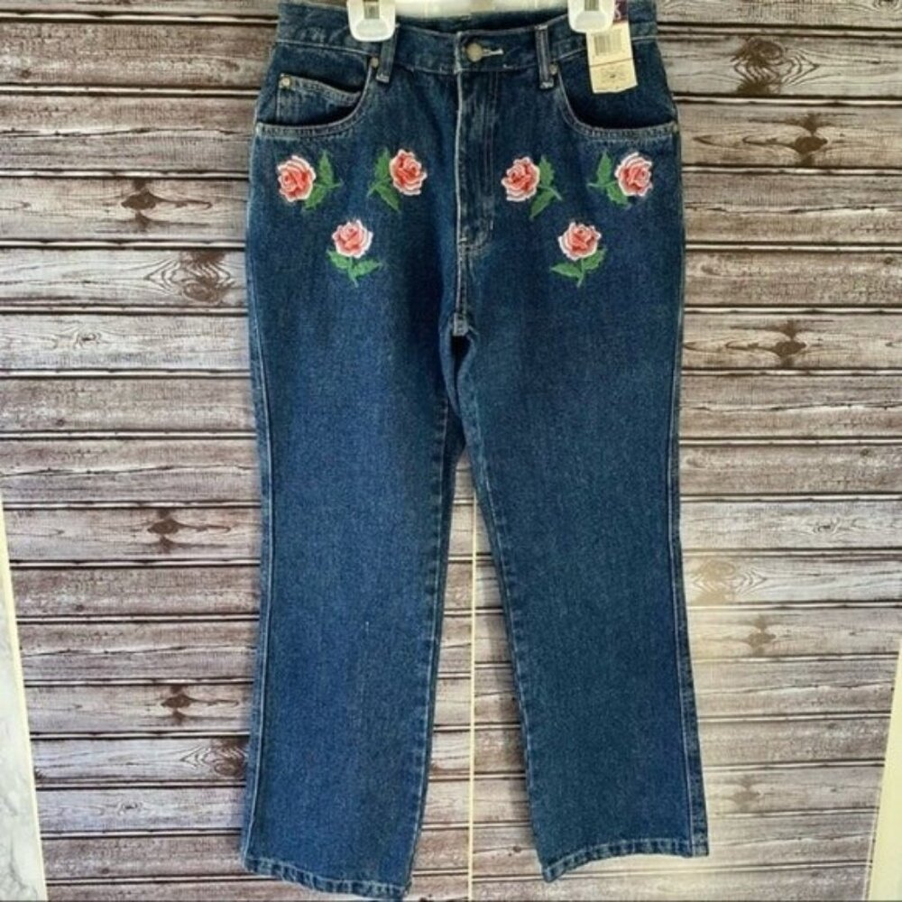 Vintage Bill Blass Women's Jeans Sz 6P Blue Floral Embroidered Straight Leg NWT